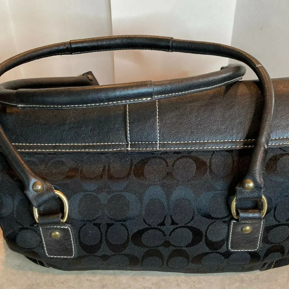 COACH LARGE SIGNATURE SATCHEL F045-5774 BLACK CANVAS W/ LEATHER TRIM - Picture 1 of 7